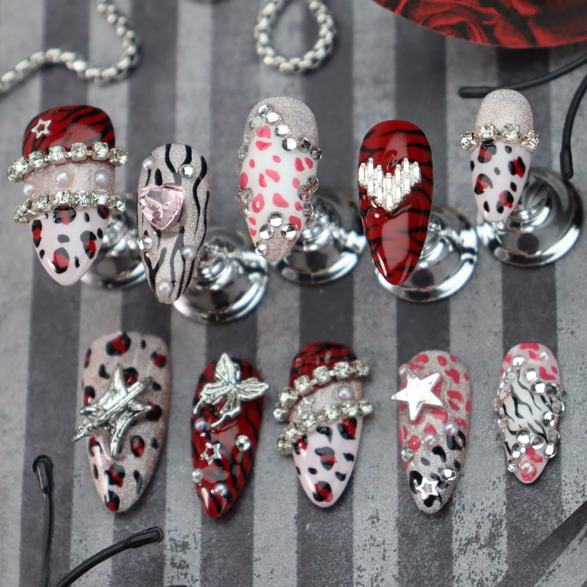 Leopard Print Press on Nails Heart Fake Nails with Rhinestone Design Medium Almond False Nail Butterfly Glue on Nails Pure Handcrafted Nail Art Glitter Stick on Nail for Women Premium Manicure (L)