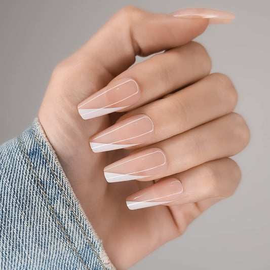 Hypnaughty 24 Pcs Paris Classy French Coffin Press On Nails with Design and Glue Medium Long Fake Nails Nude Pink and White Asymmetrical French Tip Glue On Nails Full Cover (Paris)