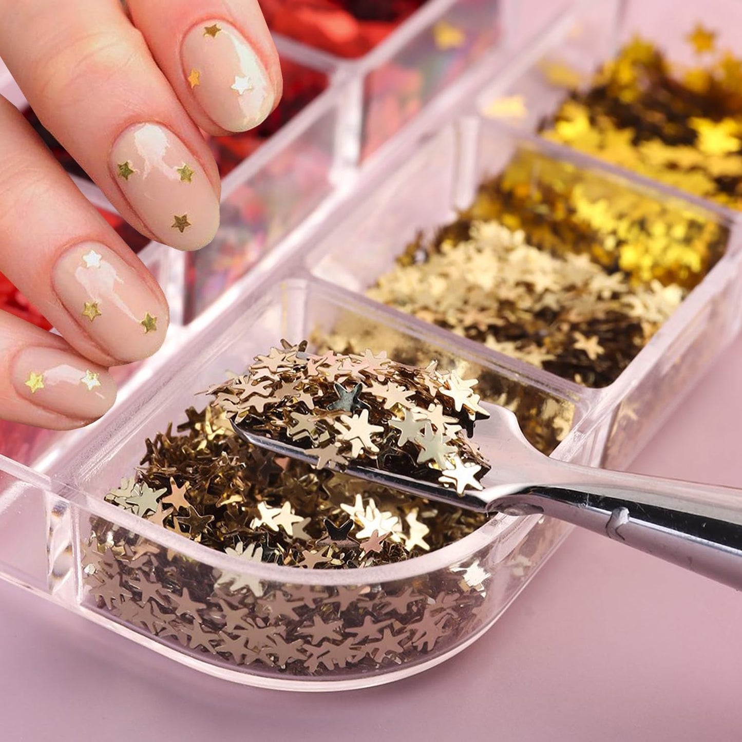 Stars Nail Art Glitter Sequins - 6Grid 3D Sparkly Five-Pointed Star Nail Flakes Designs, Holographic Star Nail Glitters for Nails Supplies Star Nail Flake for Independence Day DIY Crafts Holiday Party