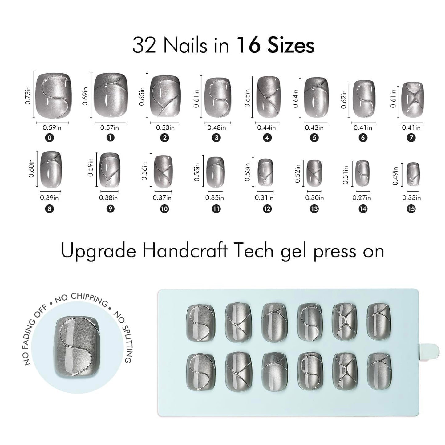 VSALON Square Short Press on Nails, Silver Gray 3D Urban Punk Style Cat Eye Glossy Glue on Nails, Reusable Opaque Gel Fake Nails, 32 pcs in 16 Sizes with Glue & Cuticle Oil False Nails Kit