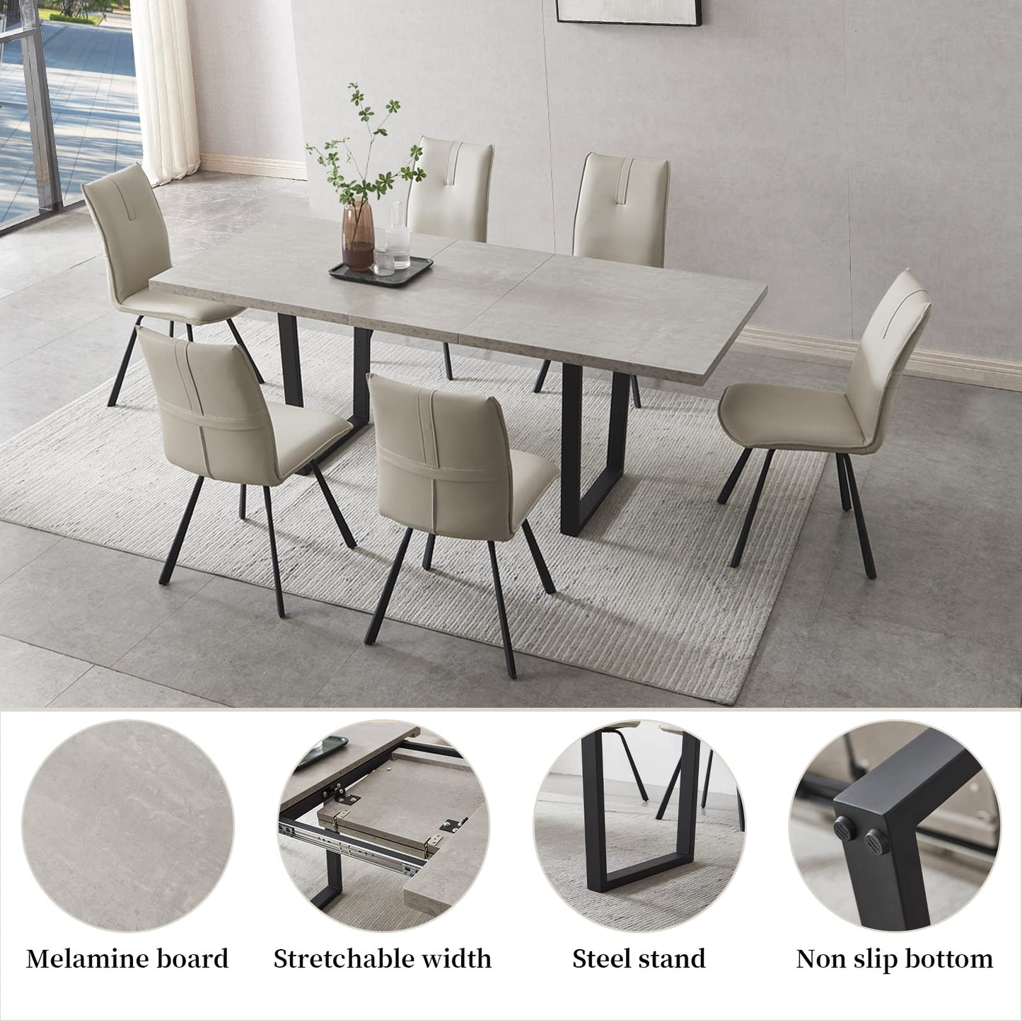 ZckyCine Modern Mid-Century Extendable Dining Table Set for 6-8 People | Expandable 51"-67" Wood Kitchen Table + 6 Upholstered Chairs | Stylish & Space-Saving Dining Room Furniture