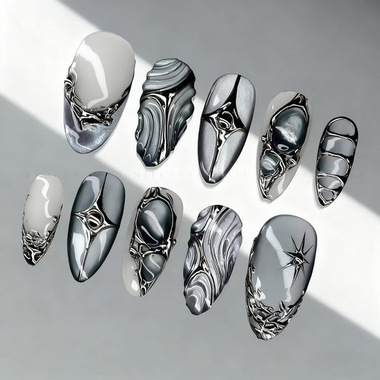 30pcs French Tip Press on Nails Medium Almond Fake Nails with 3d Rhinestones Designs Glue on Nails Gothic Silver Star False Nails Grey Glossy Full Cover Artificial Acrylic Nail Decoration for Women