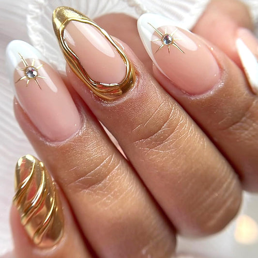 24Pcs Chrome Gold Press on Nails White French Medium Almond Fake Nails with 3D Rhinestone Design Gold Star False Nails Gilded Line Acrylic Nail Nude Glossy Full Cover Artificial Glue on Nail for Women
