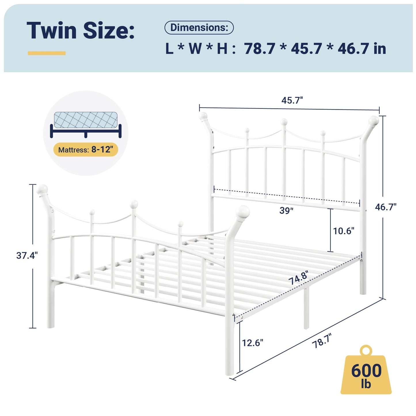 Allewie 14 Inches Twin Size Metal Platform Bed Frame with Elegant Crown Iron-Art Headboard & Footboard, Sturdy Mattress Foundation with Under-Bed Storage, Easy Assembly, No Box Spring Needed, White