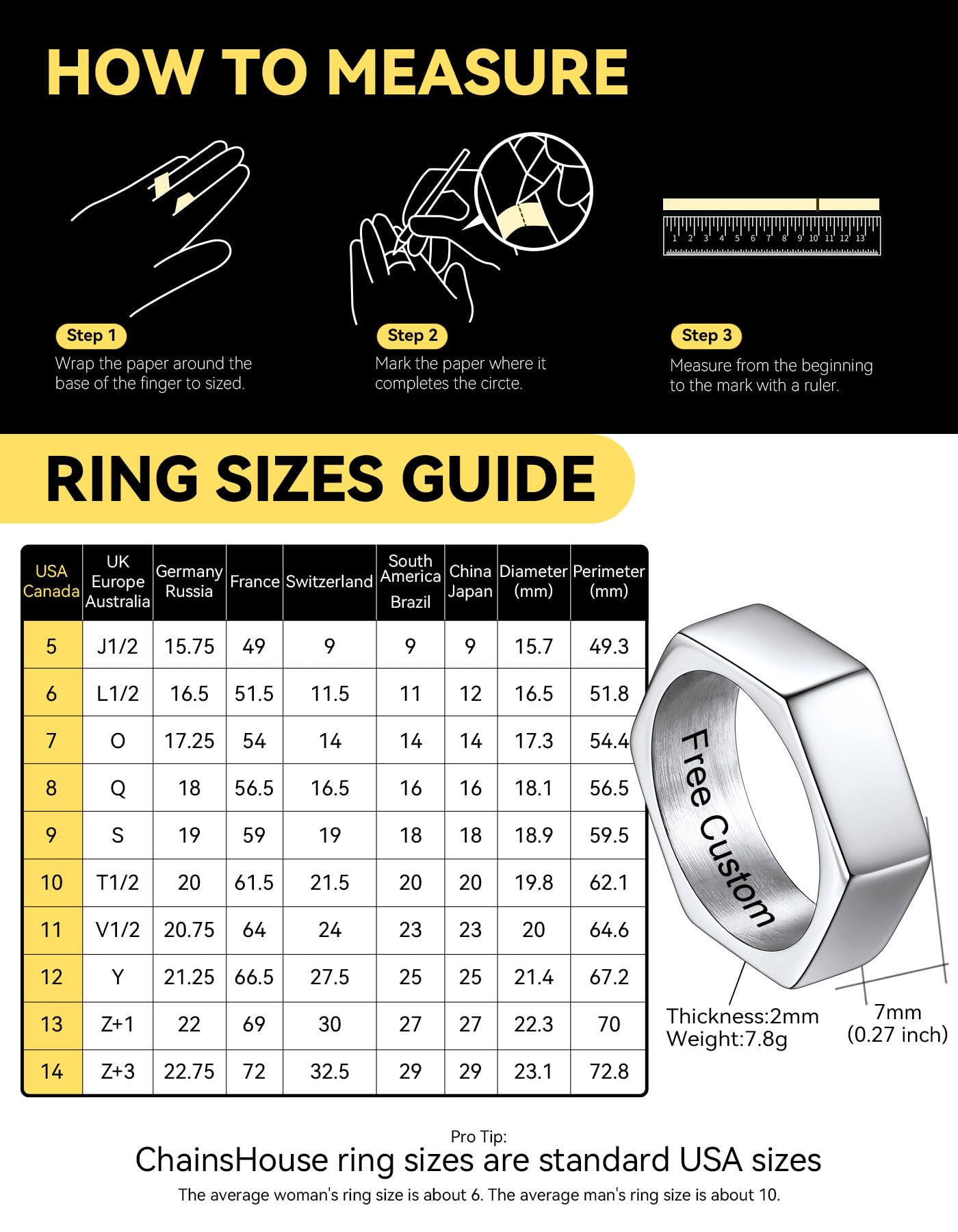 ChainsHouse Hexagon Ring Stainless Steel Geometric Biker Bands Custom Engraved Punk Jewelry for Men Women, Size 9