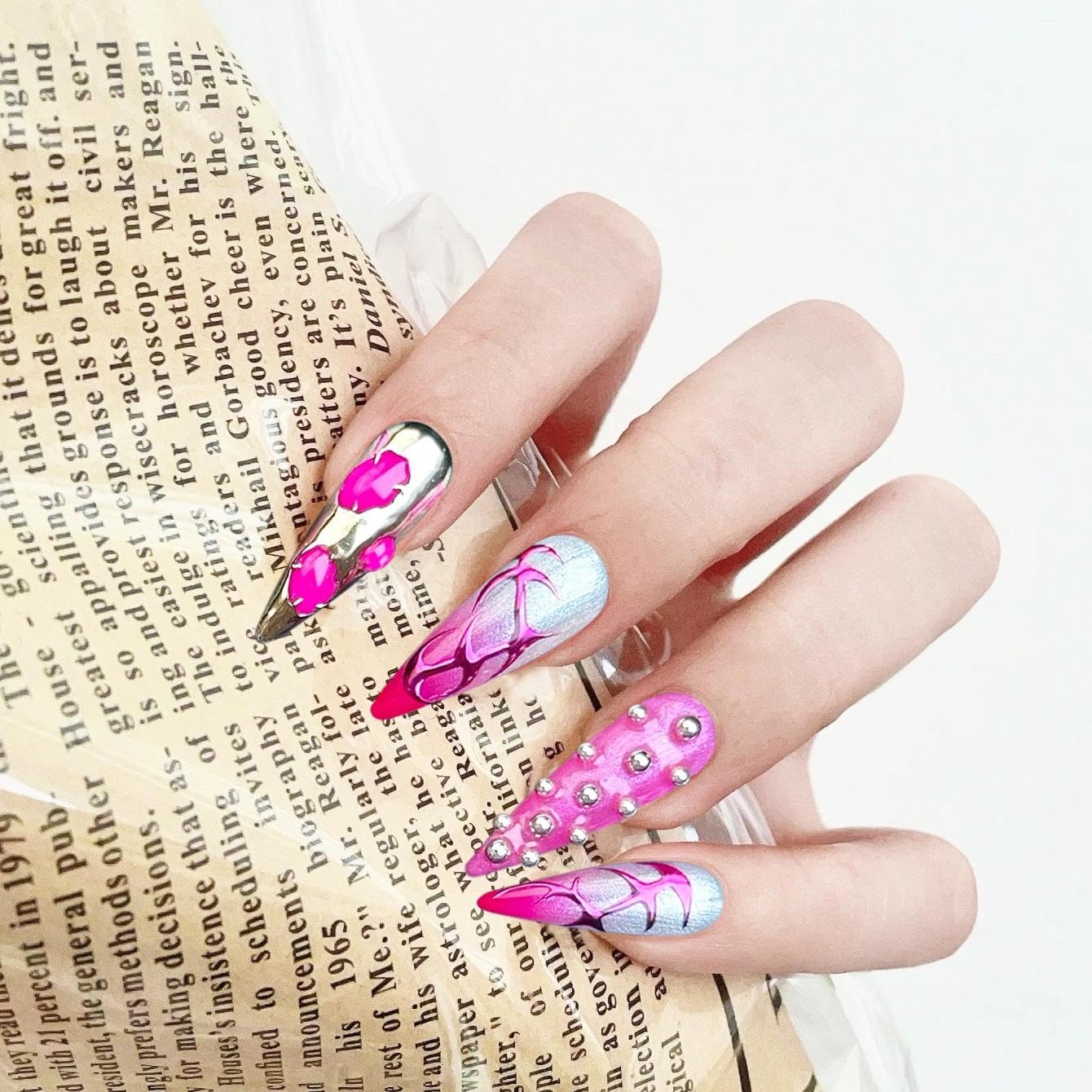 Handmade 3D Pink Silver Future Tech Stiletto Press On Nails, Metallic Rivet Rhinestone Sweet Cool Artisan Nails Set, Reusable Glossy Press-ons with Tool Kit(M)