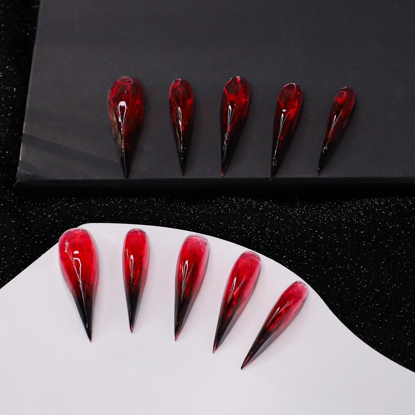 Handmade Press on Nails Long Fake Nails Bloody Black Red Gradient 3D Eagle Claw Design Thickened Goth Acrylic False Nail Long Curved Stiletto Full Cover Eagle Claw Art Glue on Nail for Women（Size M）