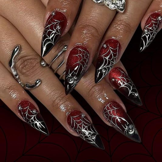 Spider Web Halloween Press on Nails Long Silver Steel Ball Spider Design Halloween Nail Full Cover Glossy Artificial Acrylic False Nail Wine Red Gradinet French Tip Long Stick on Nails for Women
