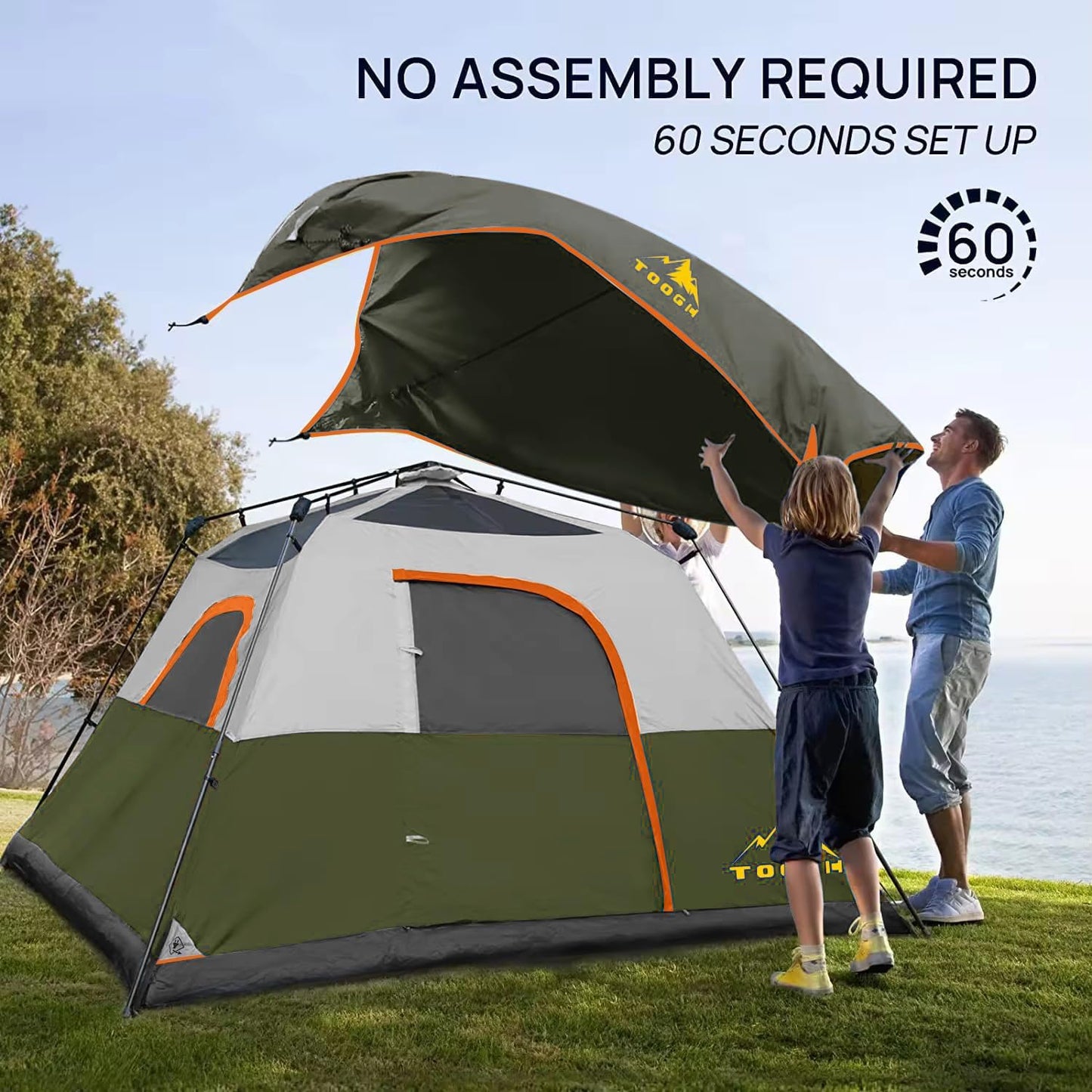 Toogh 3/4 Person Camping Tent with 1 Door, 4 Windows, and Upgraded Ventilation– Instant Setup, Waterproof, 8'x 8'x 67''Oxford Fabric Floor Pop Up in 60 Seconds Includes Rainfly and Backpack
