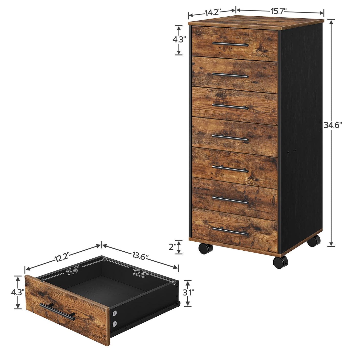 HOOBRO 7-Drawer File Cabinet, Wooden Office Cabinet with Drawers, Mobile Storage Filing Drawer for Home Office, Study, Easy Assembly, Rustic Brown and Black BF07WJ01