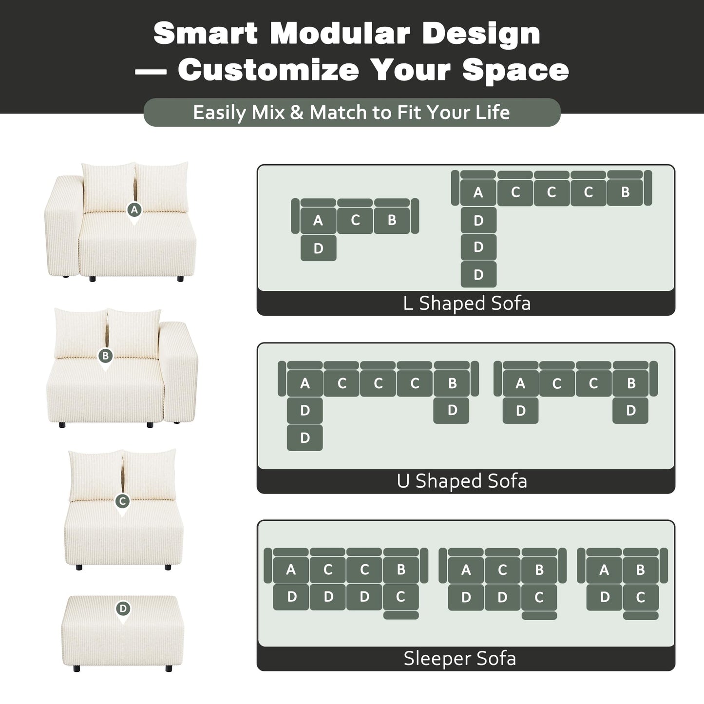 Modern Oversized Modular Sectional Sofa, Boneless Cloud Loveseat with Legs, Corduroy Big Comfy Deep Seat Sofa for Living Room & Apartment（Beige,106″Loveseat）