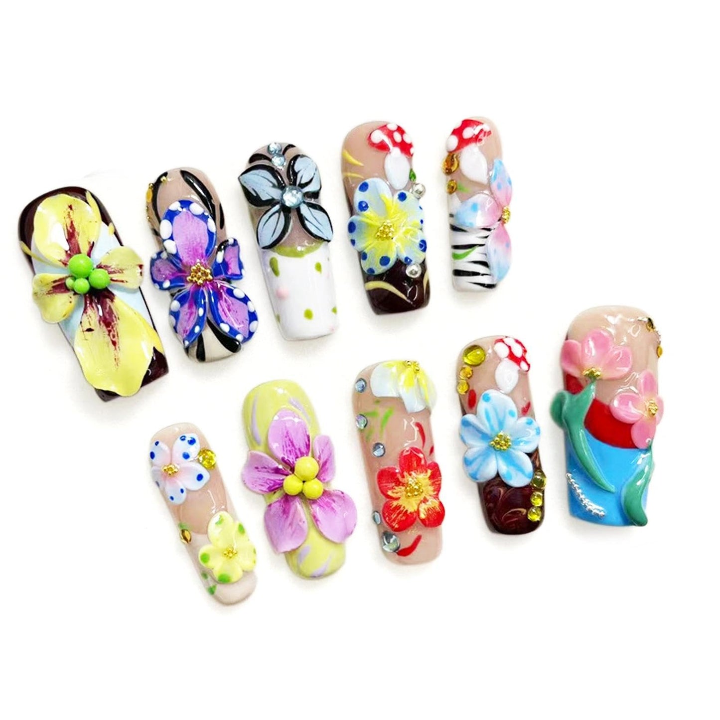 Handmade 3D Floral Art Colorful Square Press On Nails, Sweet Rhinestone Artisan Nails Set, Reusable Glossy Press-ons with Tool Kit(XS)
