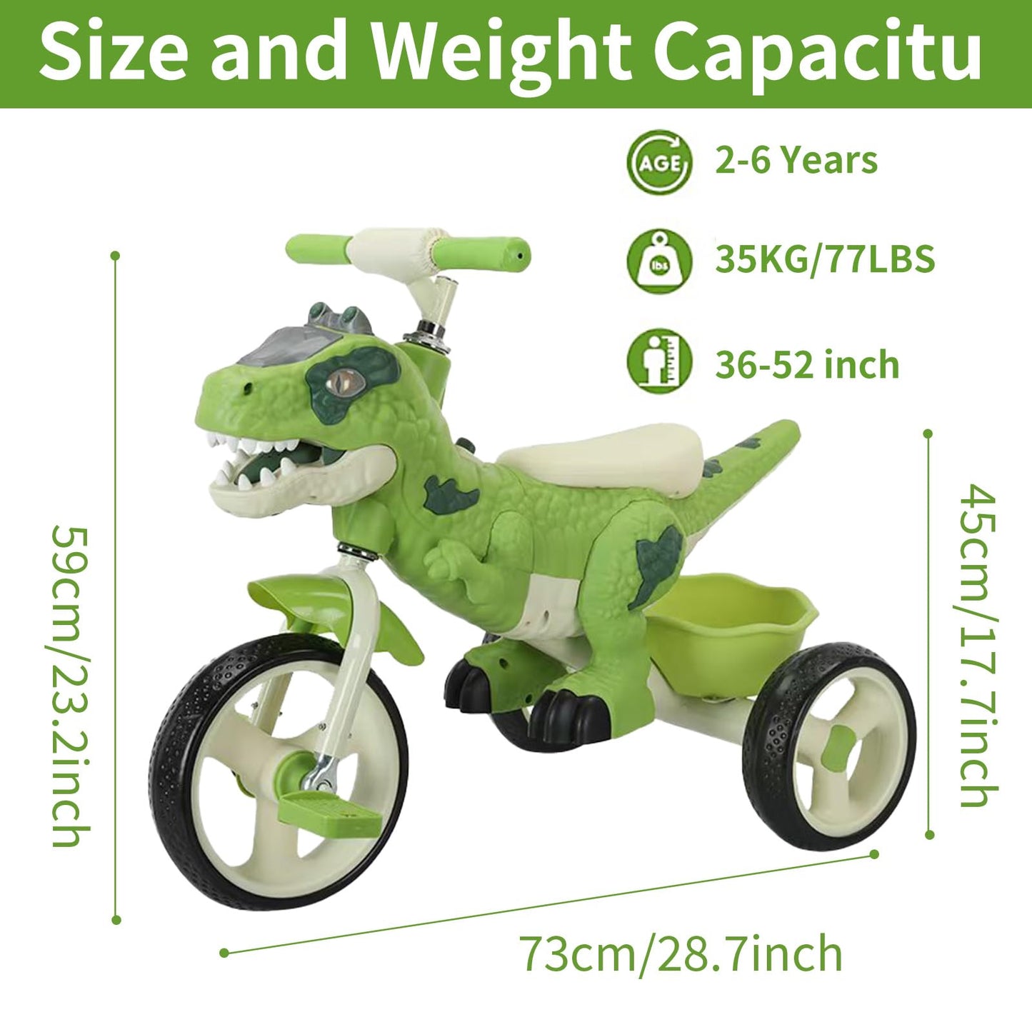 Dinosaur Kids Tricycle for Rider, Toddlers 2-6 Years - Trike Bike with Music, LED Lights, Storage Basket & Rubber Wheels | Indoor/Outdoor Big Wheels Bike Gift for Boys & Girls