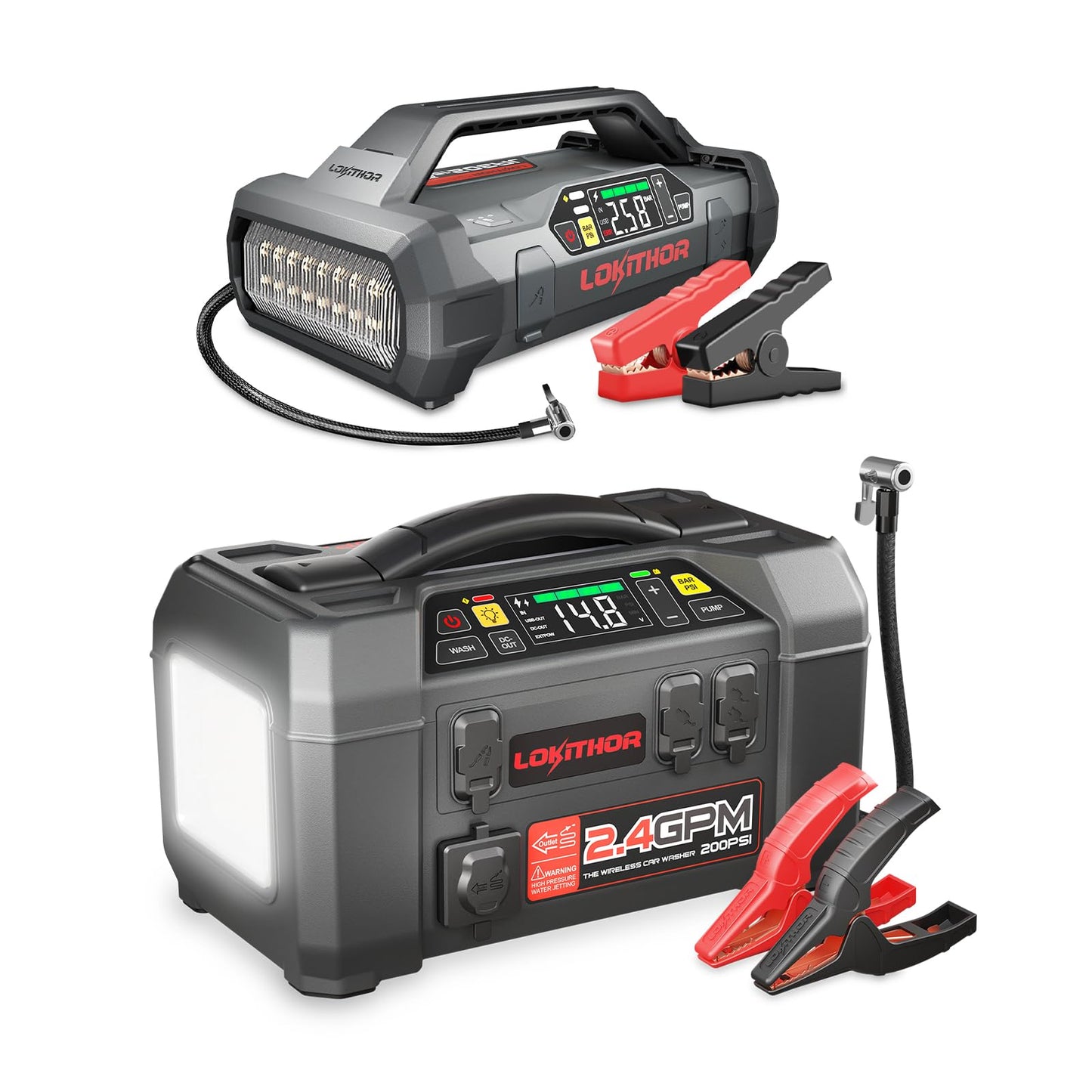 LOKITHOR JA302 2500Amp Jump Starter with 150PSI Air Compressor and AW401 2500Amp Jump Starter with 200PSI Car Washer