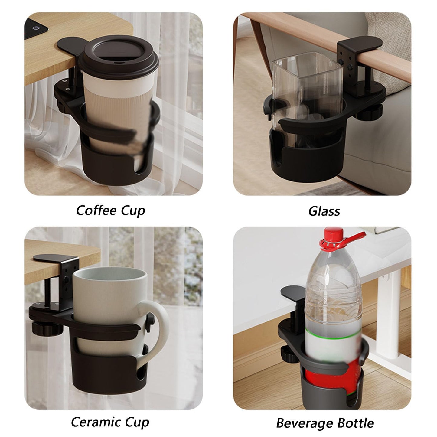 Spotact Adjustable Desk Cup Holder Clamp Table Cup Holder with Anti-Spill Design, 360° Rotation Universal Compatibility for Mugs Water Bottles Vacuum Cups