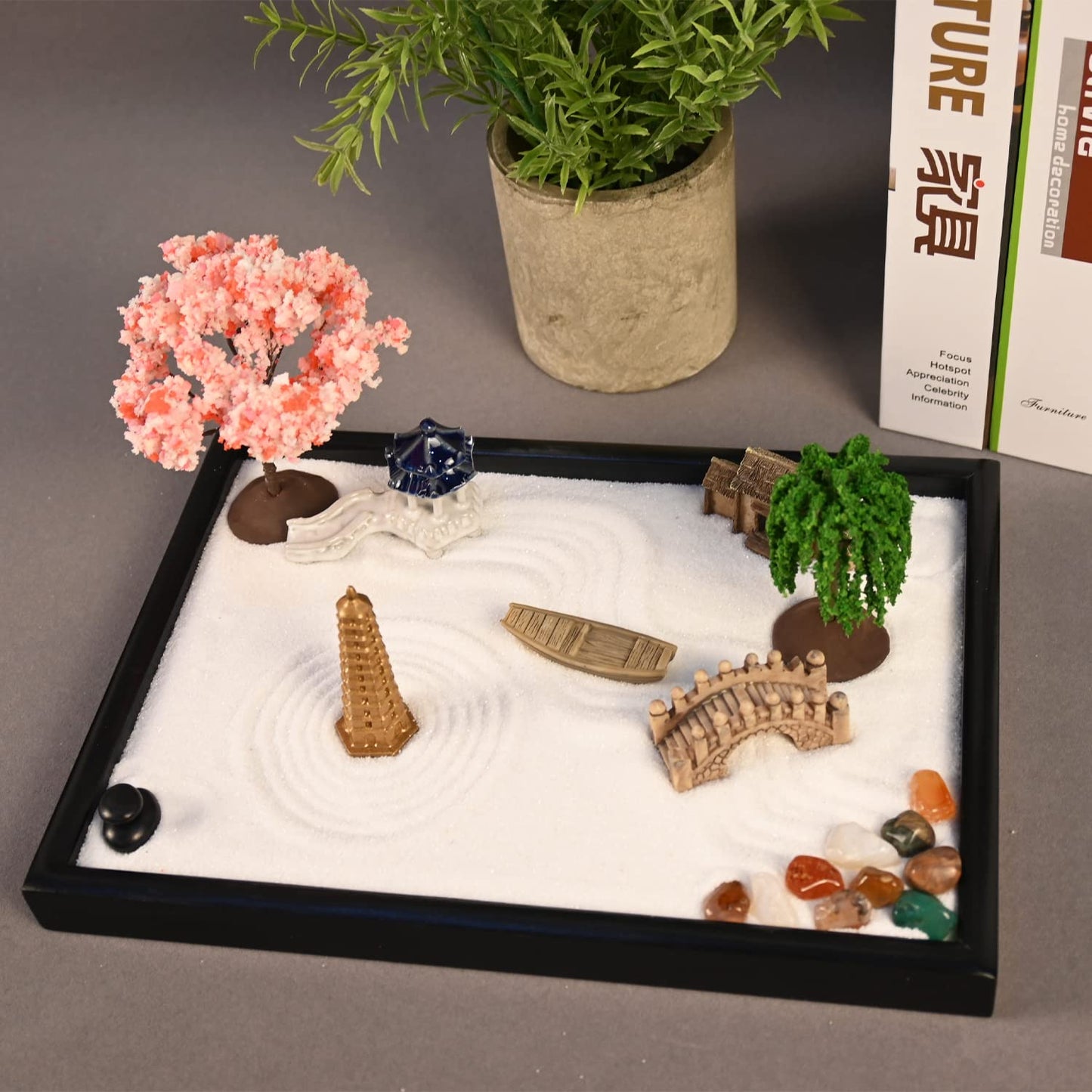 Yoquare Mini Zen Garden, White Sand, 10" x 7" Rectangular Plastic Tray with Meditation Accessories