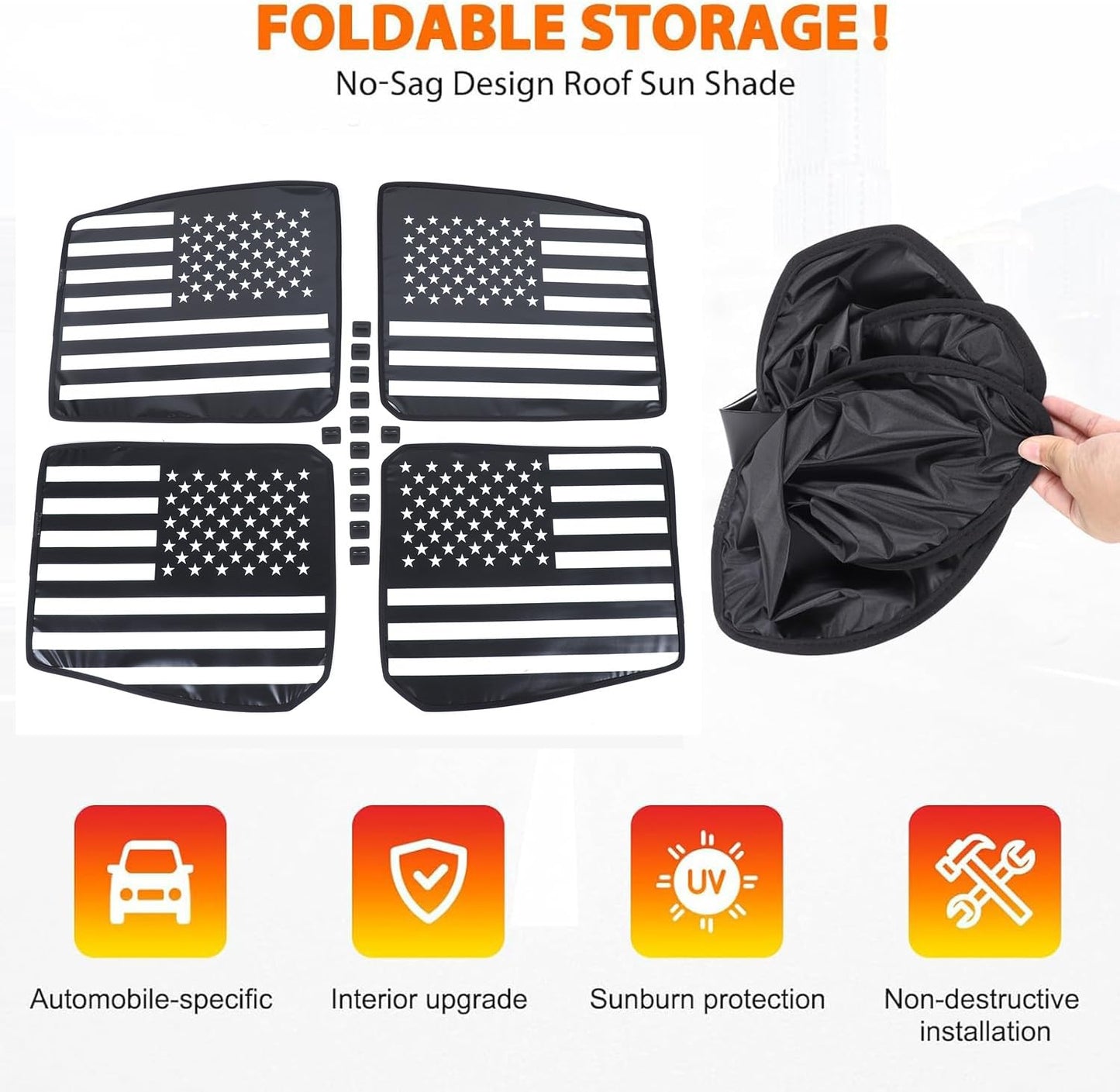 for Hummer EV Accessories 4 Top Glass Sunroof Sun Shade,No Gaps No-Sagging Roof Sun Shade Heat Insulation Foldable Reflective UV for Hummer EV SUV Pickup 2022-2024-2025 2026 (American Flag)
