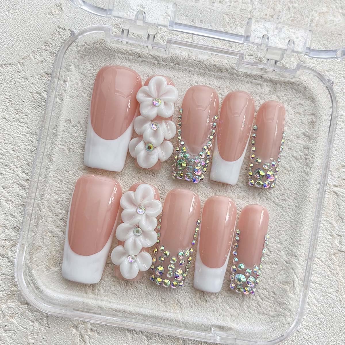 10Pcs Press On Nails Handmade Nails Long Square Fake Nails 3D Flower With Rhinestone Design French Tip False Nails Full Cover Acrylic Reusable Stick On Nail For Women(SIZE:M)