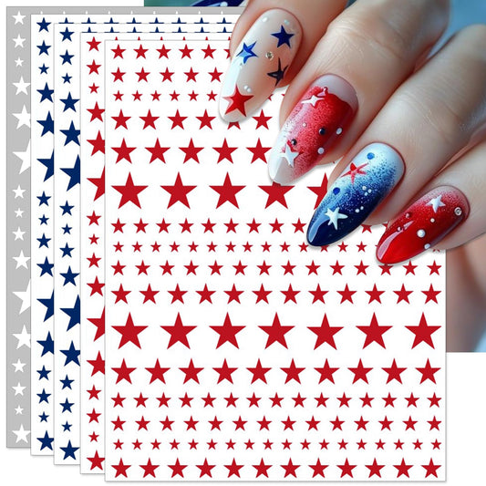 IDDFEVE 4th of July Nail Stickers, Red Blue White Star for Independence Day Patriotic Nail Decals, 3D Design Self-Adhesive USA Flag Star Nail Art (6 Sheets)