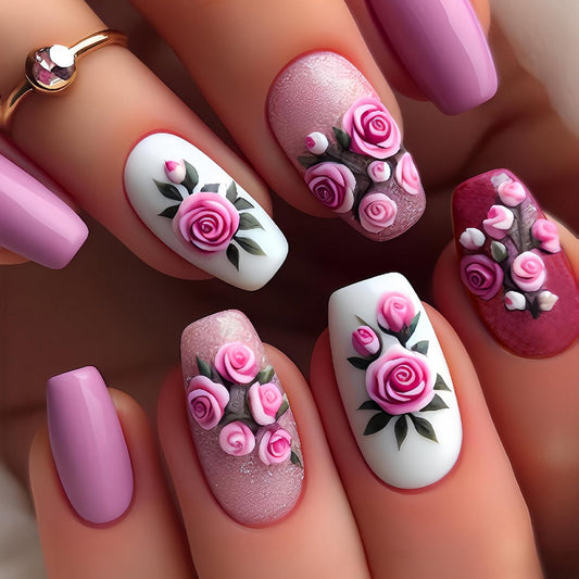 Pink Press on Nails Medium Length Fake Nails with Rose designs Acrylic Press ones Full Cover Romantic Valentine Glue on Nails Glossy Reusable Stick on Nail for Women Finger Manicure Decor24pcs