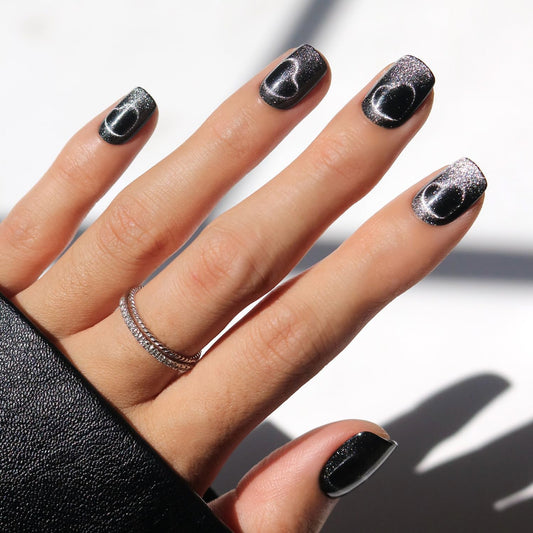 Glamnetic Press On Nails - Midnight Romance | Short Squoval Black Fake Nails with Magnetic Cat-Eye Design & Finish, Salon Quality | 15 Sizes - 30 Nail Kit with Glue