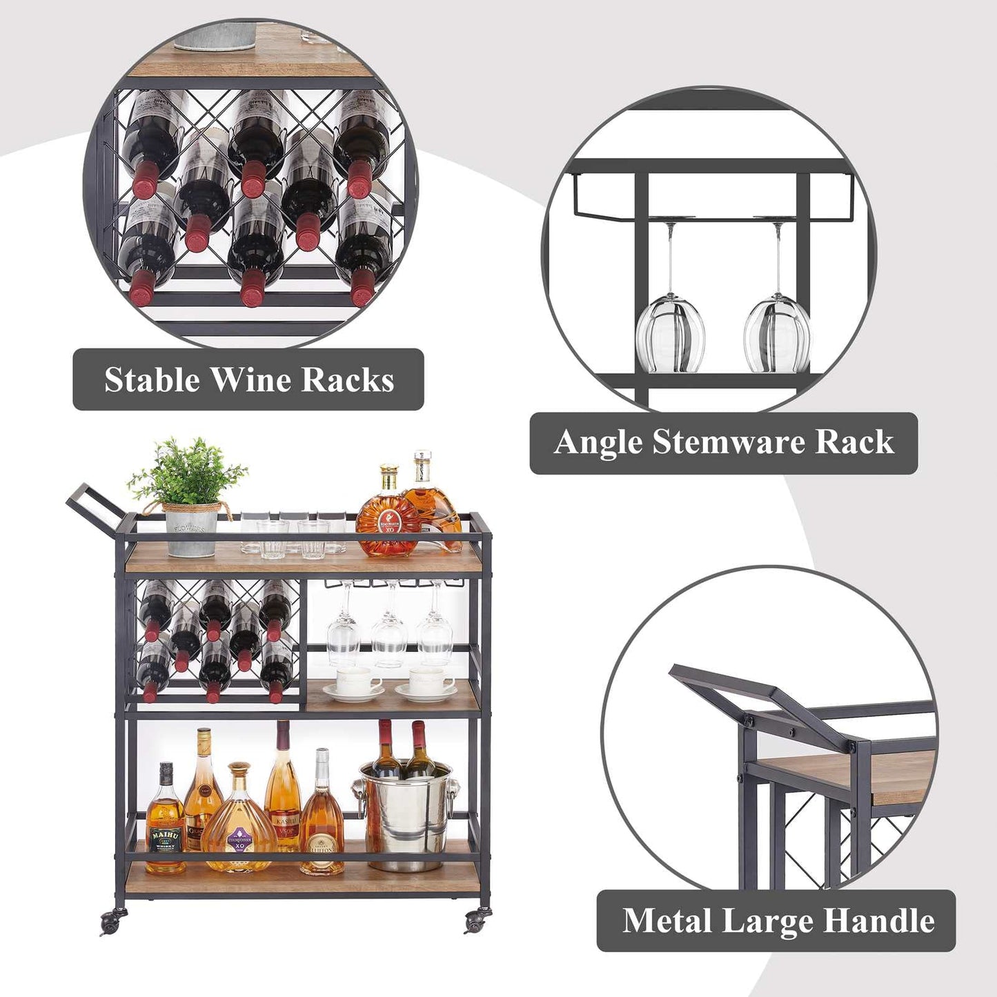 FATORRI Bar Cart for The Home, Rolling Wine Carts on Wheels with 3 Tier Wood Shelves, Liquor Beverage Cart with Wine Rack and Glass Holder (Rustic Oak)