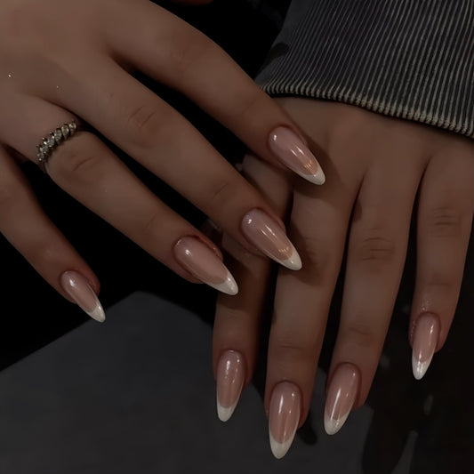 White French Tip Press On Nails Almond - KQueenest Chrome Press On Nails Medium, Fake Nails Press with Natural Brown Base, French Glue on Nails Medium, Glazed Donut Stick On Nails for Women Wedding