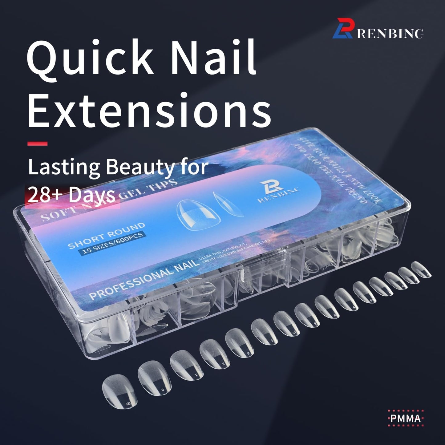 RENBING Gel Nail Tips Short Round,600pcs Fake Nails,15 Sizes Acrylic Nail Tips,Half Matte Press on Nail Tips,Full Cover Clear False Nails Gifts for Women Create Salon Nail Art at Home