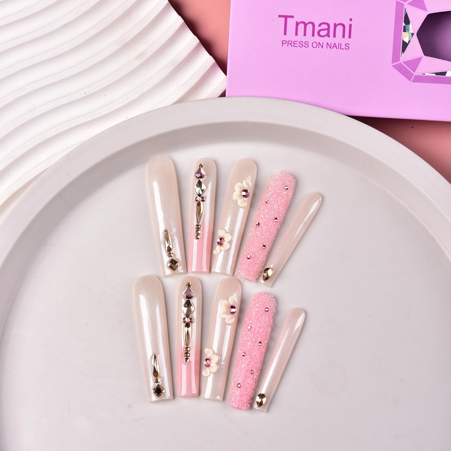 Tmani 10pc/set Extra Long Handmade Press On Nail Hot Girl's Long Ballet Nails Square Nail Full of Diamond Glitter Decoration Fake Nails Suitable For Girls Festival Parties and Birthday Gift (200,S)