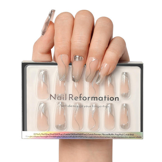 Nail Reformation Press On Nails, Shooting Star | Pink Long Coffin Fake Nails with 3D Metallic in a Glitter Finish, Reusable Stick On Nails in 15 Sizes - 30 False Nail Kit with Glue, Gifts for Women