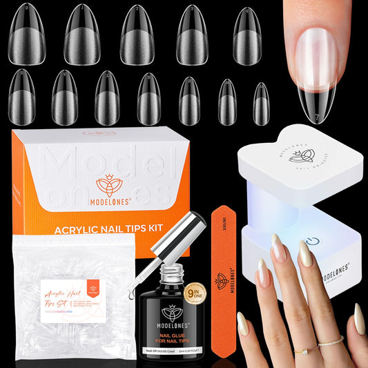 modelones X Nail Gel Kit Medium Almond, 9-in-One Nail Glue with Mini UV Light 216Pcs 12Sizes Pre-Etched Press ons Fake Acrylic Extension Kit DIY Salon Gift