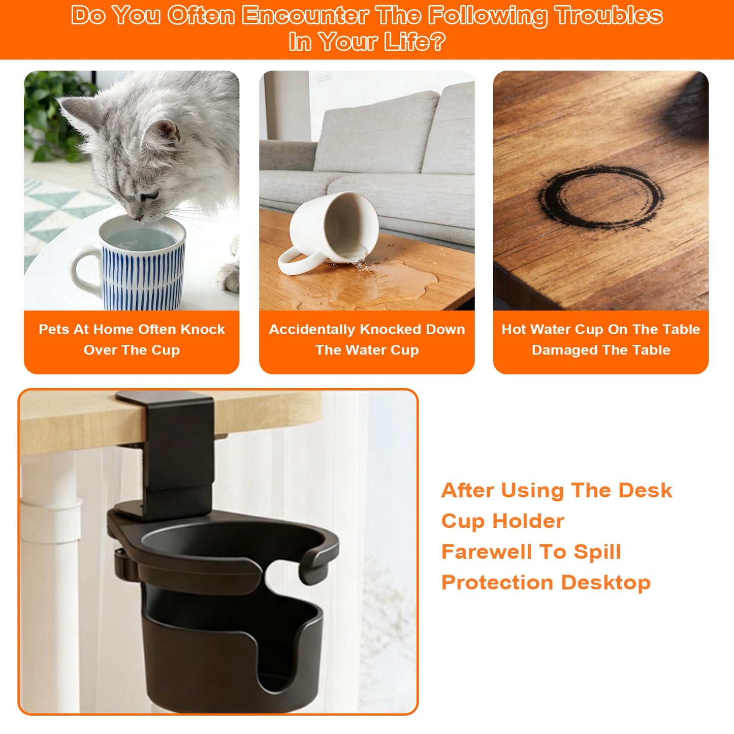 Desk Cup Holder Clamp with 360° Rotation,Anti-Spill Clip On Table Cup Holder, 1 Cord Organizer, Rotatable Water Bottle Stand Drink Coffee Mug Storage, Office Accessories for Home and School (Black)