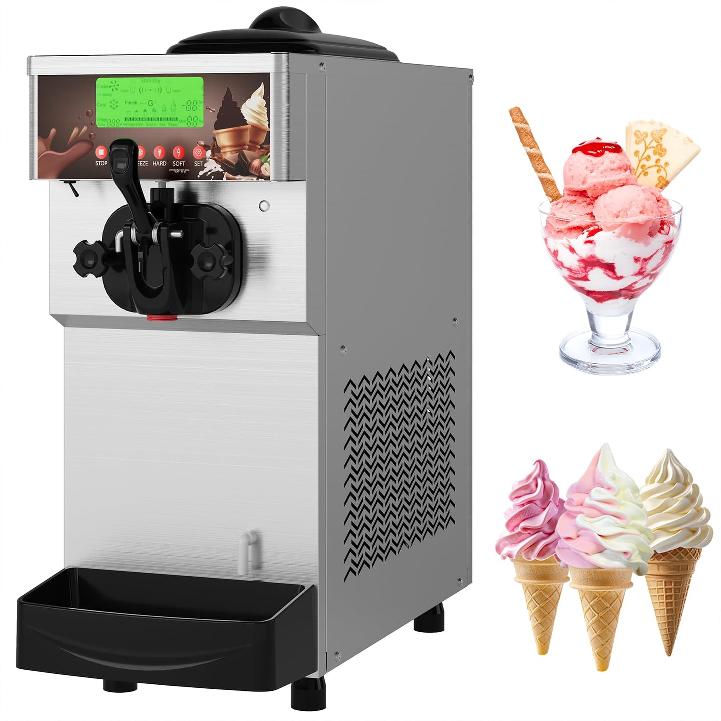 ACONEE 2.8-5.3 gal/H Single Flavor Commercial Soft Ice Cream Machine, 1400W Soft Serve Ice Cream Maker with 5" Display, Self-Cleaning, Easy Operate, High Productivity for Home Snack Bar, 115V