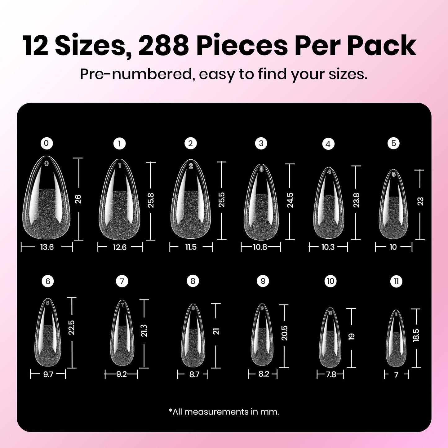Beetles Gel Nail Kit Etch-X, Medium Almond, 288pcs 12 Sizes Nail tips, 3Pcs 15ml HEMA-Free Nail Glue Top Coat &Base Gel Set, for Acrylic and Clear Press On Nail, Long Lasting Extension DIY Set at Home