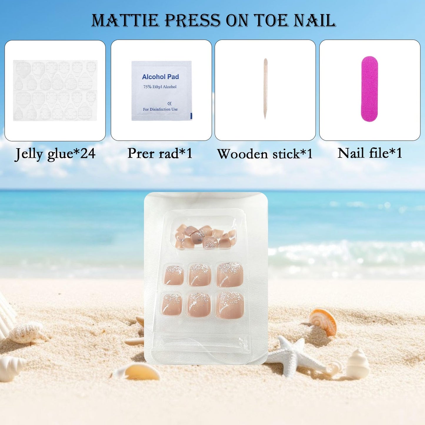 Square Press on Toenails Short Fake Toe Nail with Glitter Sequins Design Toenail Glue on Light Brown Full Cover Press on Toe Nail Cute False Toenail Glossy Toenails Stickers for Women 24Pcs