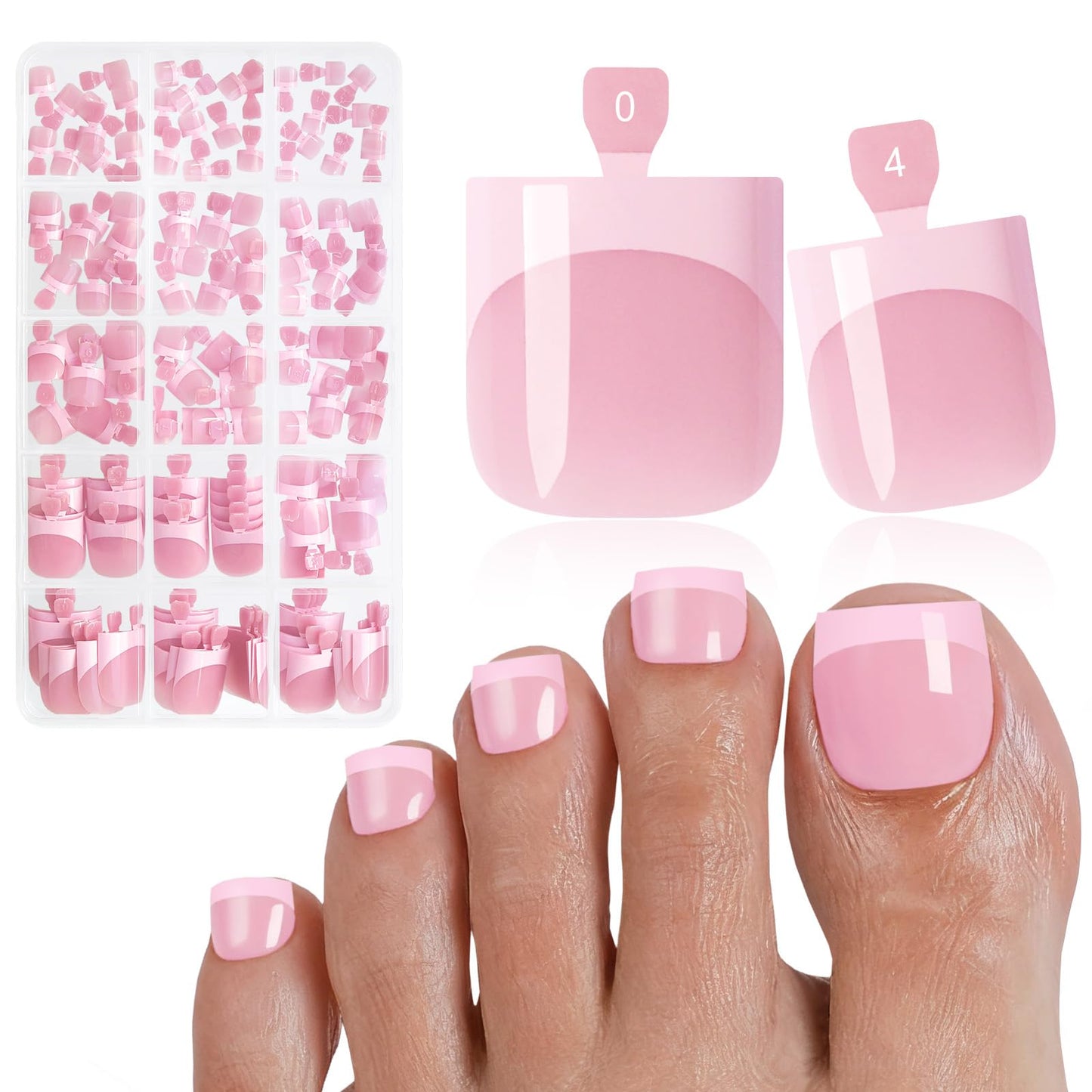 Bellelfin French Press On Toenails For Women with Nail Adhesive Tabs, 150 Pcs Pink French Tip Toe Nail Press Ons, Short Square Toenail Press On, 15 Sizes Full Cover Acrylic Fake Toe Nails