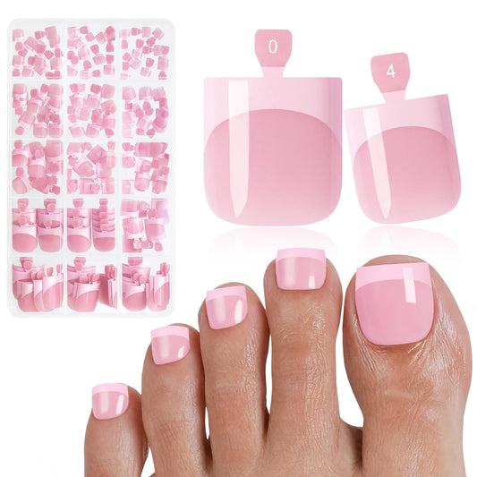 Bellelfin French Press On Toenails For Women with Nail Adhesive Tabs, 150 Pcs Pink French Tip Toe Nail Press Ons, Short Square Toenail Press On, 15 Sizes Full Cover Acrylic Fake Toe Nails