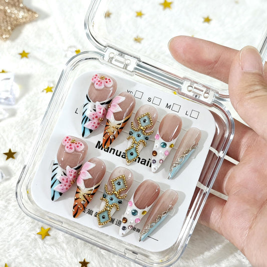 10 Pcs Handmade Acrylic Press on Nails Long Stiletto Fake Nails with Design 3D Flower False Nails Leopard Print French Tip Artificial Stick on Nails for Women Wedding Manicure - Size M