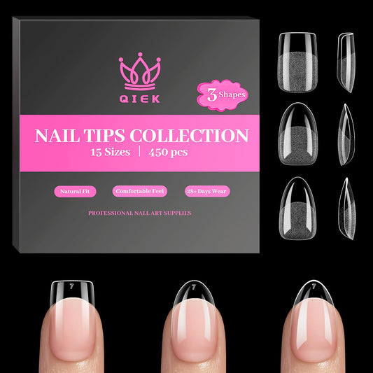 QIEK 450PCS Short Almond & Round & Square - 3 Styles Nail Tips, 70-Grit Pre-Etched Press On Nail in 15 Sizes, Fake Nail Extension Kit for Acrylic Gel Nail Art DIY Salon