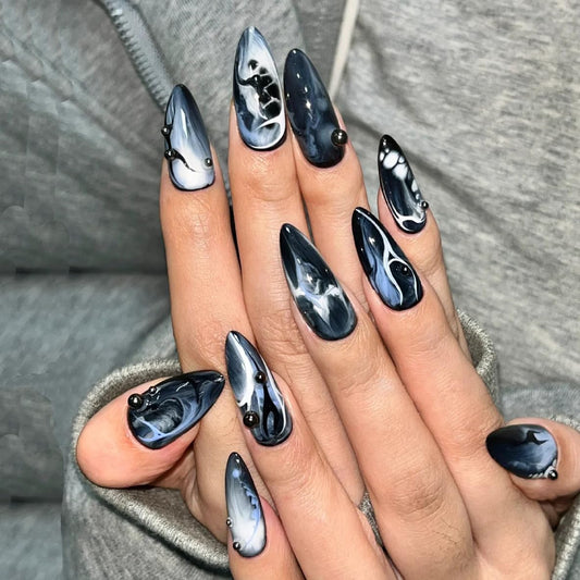 BABALAL Medium Almond Press on Nails - Black Gothic Acrylic Nails with Design, 24Pcs Full Cover Glue on Nails for Women and Girls