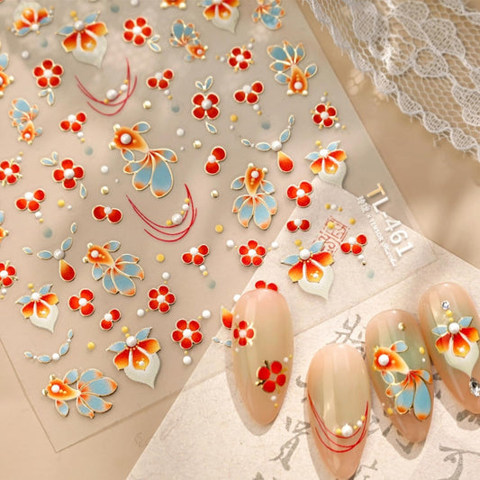 Summer Nail Stickers for Nail Art 5D Embossed Red Flower Nail Decals Koi Fish Nail Art Stickers with Pearl Design Spring Nail Charms Supplies for Women Girls