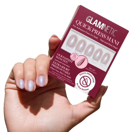 Glamnetic Quick Press Mani - No Glue Press On Nails, Just Peel and Stick, Oval Extra Short Nails, Mess Free, Salon Quality Stick On Nails, Nude Glazed | in 15 Sizes - 30 Nail Kit