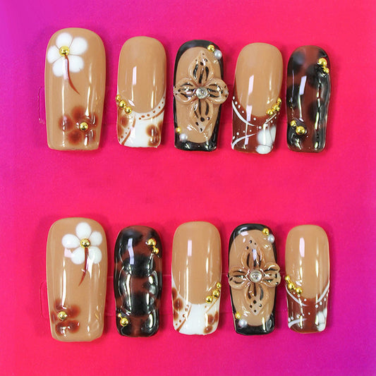 10Pcs Handmade Press on Nails Fall Coffin Fake Nails with 3D Flower Design Thick Acrylic and Muti-Layer Gel False Nails Handmade Nails Press ons Glossy Full Cover Stick on Nail for Women (S)