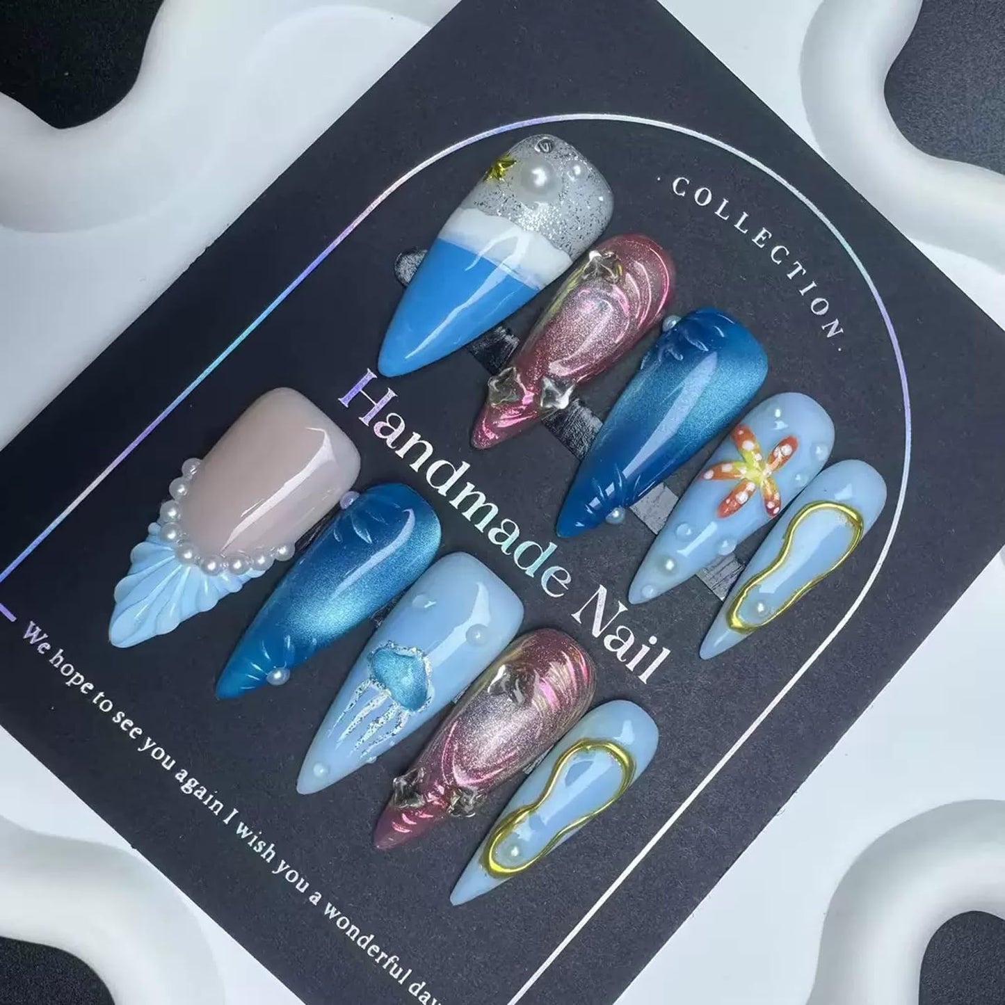 100% 5D Handmade Press on Nails with Charms Long Stiletto Nails Press ons Beach Ocean False Nails Ombre Blue Press on Nails Summer Fake Nails for Women Girls Daily Wear DIY Manicure Size L