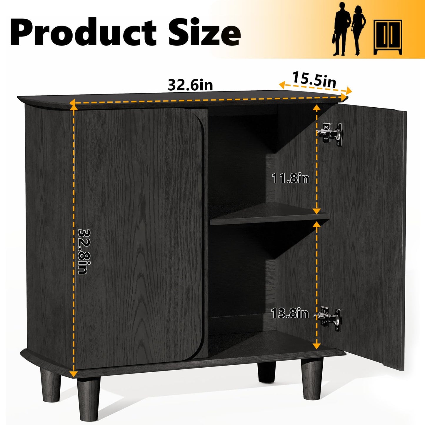 Plamle Curved Edge Sideboard Buffet Cabinet with Storage, Modern Black Freestanding Kitchen Cabinet with Raised Legs and Smooth Paint Finish for Living Room, Entryway, Dining Room
