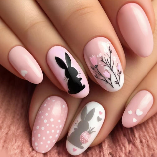Flowers Easter Press on Nails Oval Shaped Artificial Acrylic Fingernails Nude Pink False Nails Black Rabbit Floral Spring Short Stick on Nail Full Cover Glossy Fake Nail for Women Festival Manicure