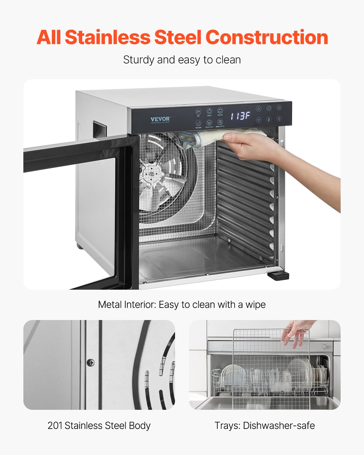 VEVOR Food Dehydrator, 10 Stainless Steel Trays Dehydrators Machine, 1000W Food Dryer with Adjustable Temp & 24-Hour Timer, Food Dehydrator for Jerky Meat Fruit Vegetables Herbs Dog Treats