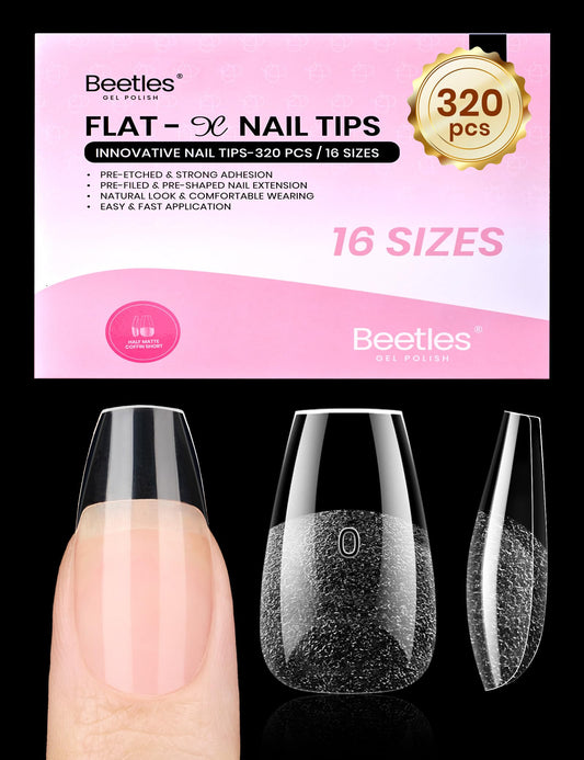 Beetles Gel Nail Tips Flat-X - Coffin Short, 320pcs 16 Sizes, Pre-Etched Half Matte Full Cover Soft Acrylic Press on False Nail Extension Tips Easy DIY Salon Art for Flat & Natural Nail Beds