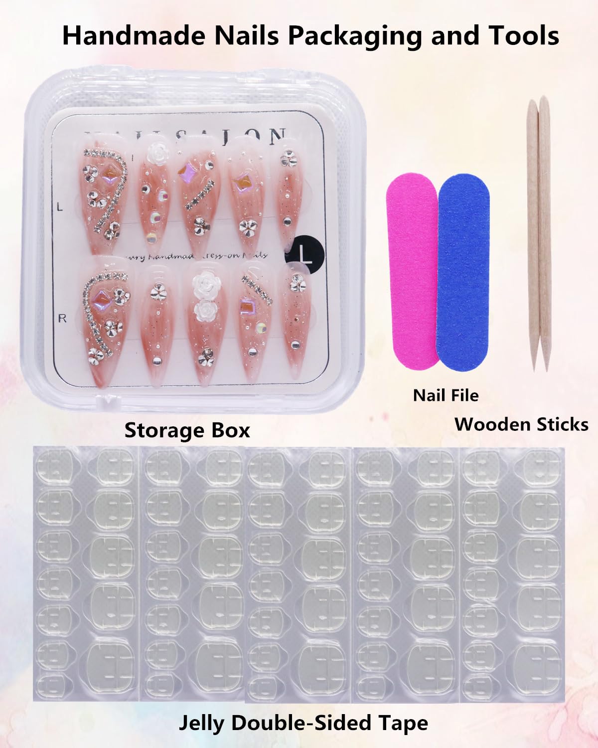 CAMILCY Handmade Press on Nails Long Stiletto Glossy Nude Pink Fake Nails with 3D Flowers Rhinestones Luxury Crystal Bling Acrylic Nails Reusable Stick on Nails for Women (B04, L)