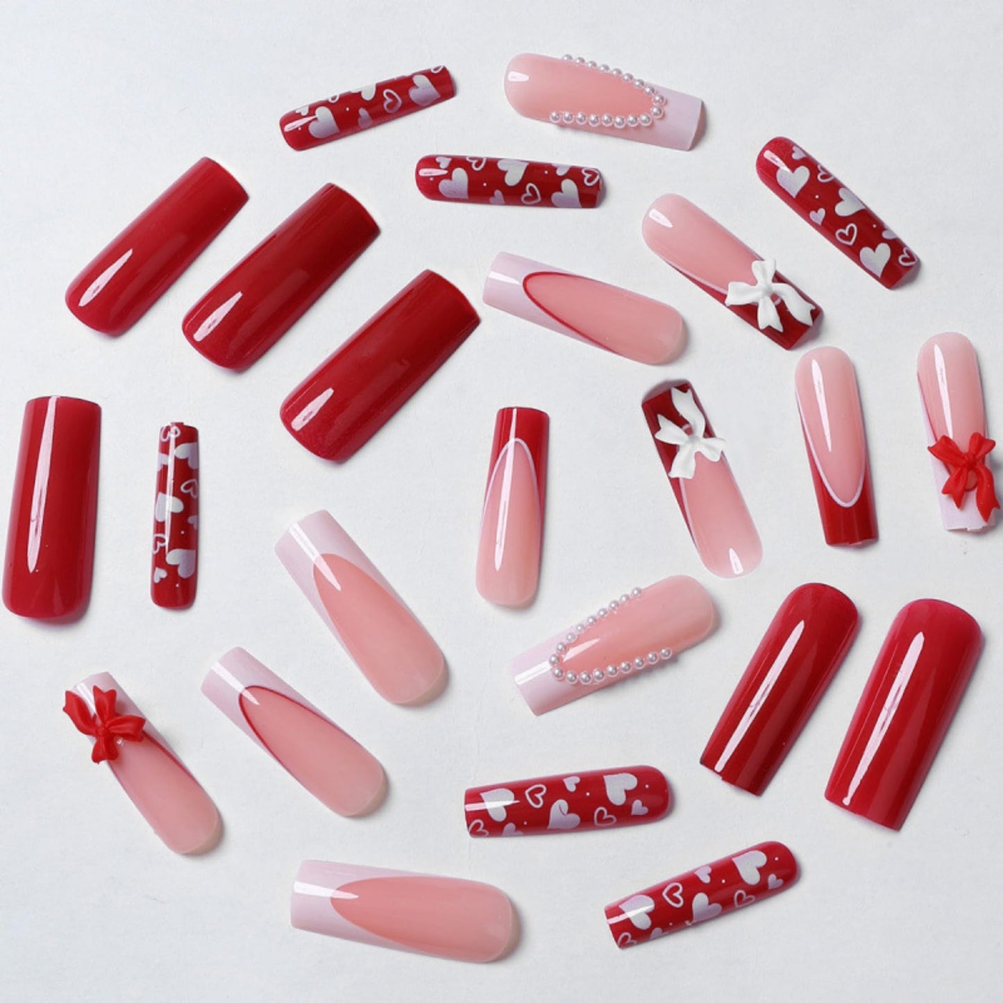 Octoswave Valentine Long Press on Nails Square Fake Nails Red Artificial Nail Bow and Pearl Stick on Nail for Women 24pcs